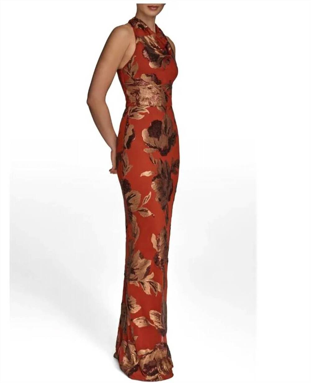 NEW DONNA KARAN floral sequin embellished halter maxi gown in brown/orange - Picture 2 of 3